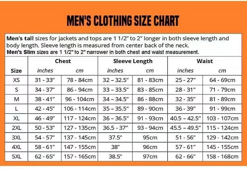 Puede incluir: Tabla de tallas de ropa de hombre con medidas de pecho, manga y cintura en pulgadas y cent&iacute;metros. Tallas de XS a 5XL. Incluye detalles para tallas altas y slim.