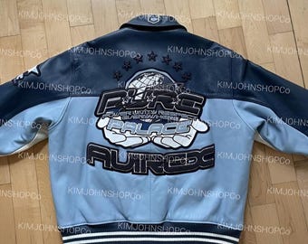 Chaqueta de cuero azul AVIREX X Pure Palace, abrigo bomber de piel de vaca auténtica, ropa de calle universitaria bordada