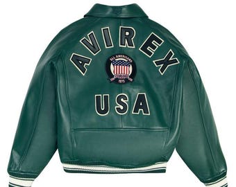 Chaqueta bomber de cuero verde AVIREX USA, chaqueta de aviador de piel de vaca auténtica