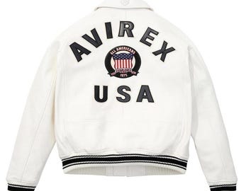 Chaqueta bomber de cuero blanco AVIREX USA Edition, chaqueta de motociclista Cowsoft auténtica