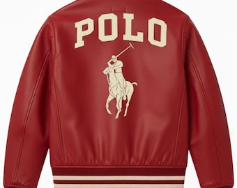 Polo Red Leather Bomber Jacket, Embroidered Logo, Genuine Cowsoft
