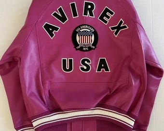 Chaqueta AVIREX USA Edition Icon Pink Berry, chaqueta de cuero genuino de vaca, abrigo militar tipo bombardero