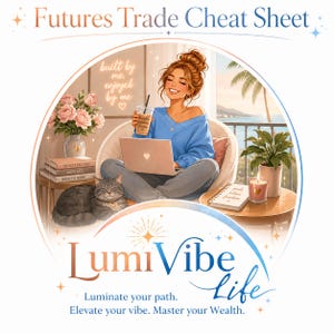 May include: An illustration with the text "Futures Trade Cheat Sheet" and "Lumi Vibe Life". It depicts a person with a laptop, a cat, and a coffee drink. The image also includes a notebook, a candle, and a vase of flowers.