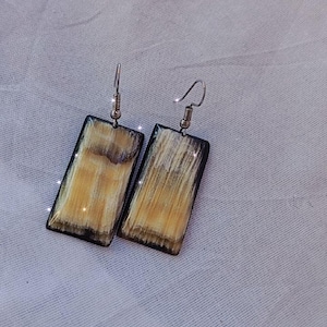 Peut inclure: Une paire de boucles d'oreilles rectangulaires avec un motif de grain de bois naturel dans les tons de beige et de marron, encadrées d'une bordure foncée. Les boucles d'oreilles sont suspendues à des crochets d'oreilles argentés, un design simple et élégant.