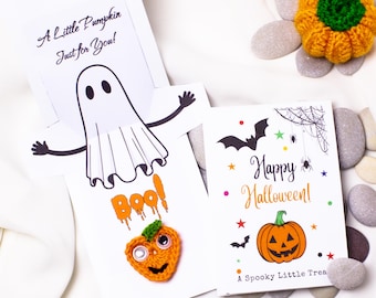 Biglietto pop-up di Halloween con zucca all'uncinetto fatta a mano, bomboniera interattiva per feste.