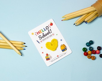 Biglietto d'auguri tascabile per il primo giorno di scuola con cuore all'uncinetto - Regalo personalizzato per il ritorno a scuola