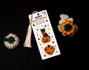 Segnalibro di Halloween all'uncinetto - Biglietto con nappa a forma di zucca, regalo per amanti dei libri, bomboniera per feste spettrali