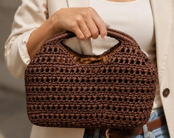 Borsa in rafia all'uncinetto con chiusura a scatto, pochette in rafia, borsa di paglia