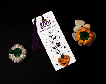 Segnalibro a forma di zucca all'uncinetto - Biglietto di auguri di Halloween con nappina, ricordo spettrale, regalo per amanti dei libri