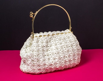 White Raffia Bag, Kiss Lock Purse, Crochet Raffia Handbag