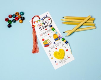 Regalo personalizzato per il primo giorno di scuola, segnalibro "Ciao scuola", portachiavi con nome e perline