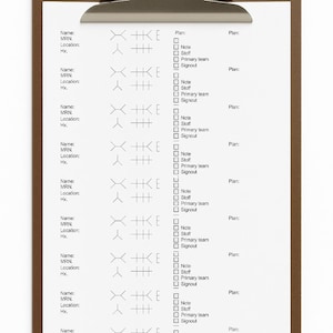 May include: A clipboard with a white paper form. The form has sections for Name, MRN, Location, and Hx, along with checkboxes for Note, Stoff, Primary team, and Signout. The clipboard is brown.