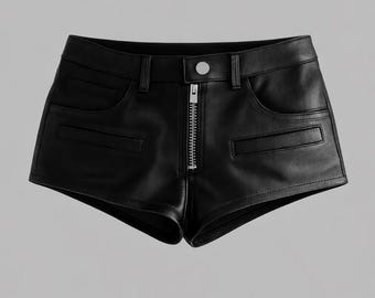 May include: Black faux leather shorts featuring a prominent silver-toned metal zipper closure at the center front, a single button at the waistband, belt loops, and two horizontal decorative pocket flaps on the front hip area.