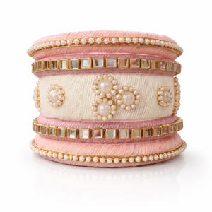 Handmade Thread Bangle Set | Peach, Ivory, Pearl Kundan Stack Bracelet
