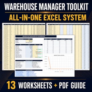 May include: A digital Warehouse Manager Toolkit featuring an all-in-one Excel system with 13 worksheets and a PDF guide. The display shows a KPI dashboard, monthly order charts, and data tables with columns for dates, shifts, departments, and labor metrics.