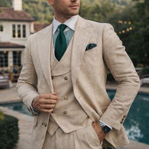 Beige Linen Three-Piece Suit for Men – Summer Wedding & Luxury Tailored Suit