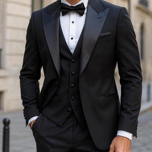 Esmoquin negro de lujo: solapa de pico, traje de 3 piezas a medida