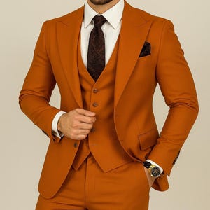 Men's Burnt Orange Slim Fit 3-Piece Suit - Modern Wedding Attire