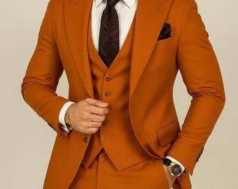 Men's Burnt Orange Slim Fit 3-Piece Suit - Modern Wedding Attire