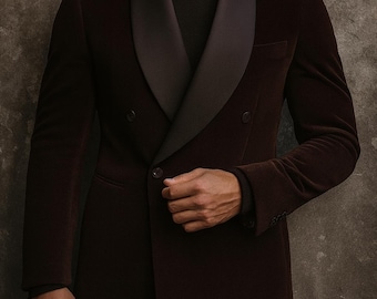 Dark Brown Velvet Tuxedo Suit: Double Breasted Shawl Lapel - Texthrive