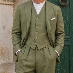 Men's Olive Linen 3-Piece Suit, Summer Wedding Formal Outfit, Tailored Blazer Vest Pants