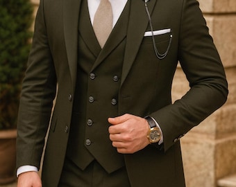 Olive Green 3-Piece Suit: Slim Fit Peak Lapel Wedding Tuxedo