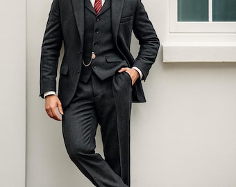 Vintage Dunkelgrauer 3-Teiler aus Wollgemisch | Slim-Regular Fit