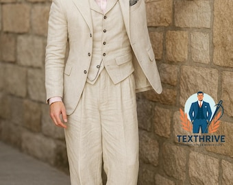 Handmade Beige Linen 3 Piece Suit | Summer Wedding Outfit