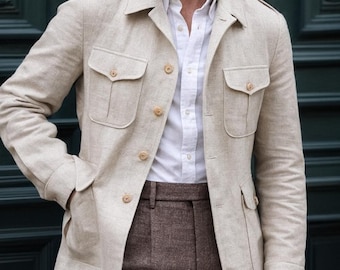 Beige linnen safarijas heren | Op maat gemaakt veldovershirt