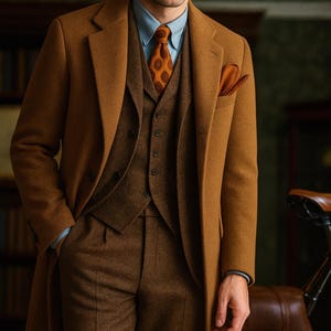 May include: A man's three-piece suit in shades of brown, including a long coat, vest, and trousers. The suit is paired with a light blue shirt and a patterned orange tie. A brown fedora hat and pocket square complete the ensemble.