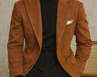 Men’s Rust Brown Suede Blazer: Tailored Slim Fit Jacket