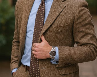 Classic Brown Herringbone Tweed Suit for Men | Vintage Wool Blazer & Tailored Pants Set