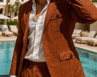 Rostbrauner Leinenanzug für Herren – Handgefertigtes Sommer Sakko & Hose Set
