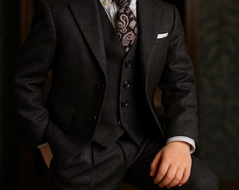 Vintage Style Black Wool Boys Suit, Kids Formal Wear