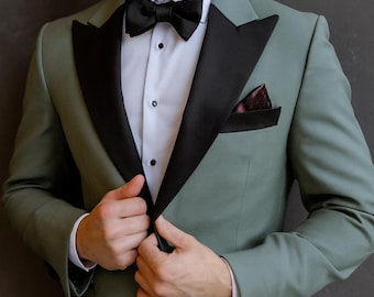 Sage Green Tuxedo: Black Satin Lapel, Custom Fit Wedding Suit