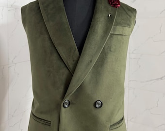 Olive Green Velvet Double Breasted Waistcoat | Custom Men's Wedding Vest