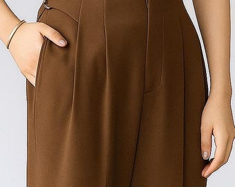 Brown Gurkha Pants - High Waist Pleated Trousers with Cuffed Hem