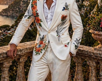 Traje de boda para hombre color marfil con bordados florales, traje de novio de diseñador hecho a medida.
