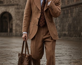 Men's Camel Brown Wool 3 Piece Suit | Vintage Custom Tailored Wedding Outfit