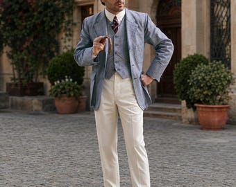 Light Blue Linen Safari Suit, 3 Piece Vintage Italian Riviera Style Custom Tailored
