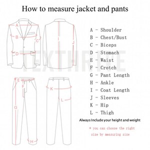 May include: Diagram illustrating how to measure a jacket and pants. The image includes labeled diagrams of a jacket and pants, with letters indicating measurement points such as shoulder, chest, waist, and inseam. Text advises including height and weight.