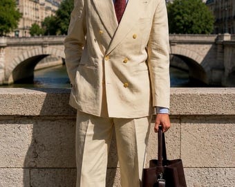 Traje cruzado de lino color marfil, atuendo de boda estilo Gatsby de los años 20, conjunto de verano con solapa de pico.