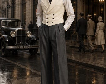 1930s Ivory Double Breasted Waistcoat Suit, Gatsby Wide Leg Trousers, Art Deco Formalwear