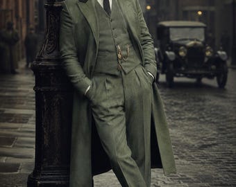 1920年代風セージグリーンのスリーピーススーツ（オーバーコート付き）、ギャツビー風ウェディングスーツ（男性用）