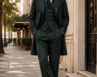 1940s Dark Green Wool Tailcoat Suit, Retro Jacquard Formal Groom Wedding Outfit