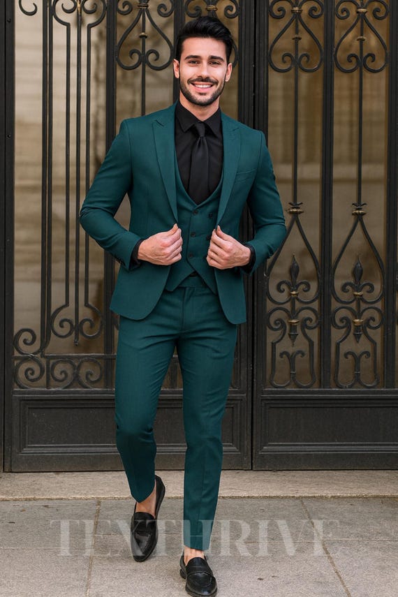 Emerald Green 3-Piece Suit: Slim Fit Blazer, Vest & Pants - Handmade