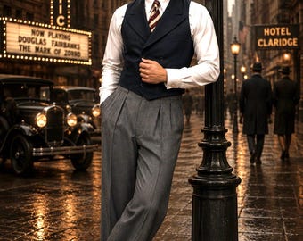 1930s Gatsby Style Men's Suit | Navy Waistcoat, Wide Leg Trousers (Custom Tailored)