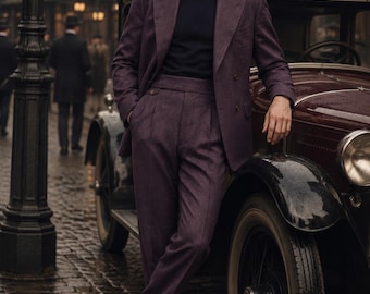 1920s Inspired Plum Wool Suit for Men, Vintage Double Breasted Suit, Elegant Formal Menswear