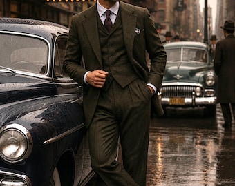 Olive Green Wool 3-Piece Suit, 1940s Style Wide Leg Trousers, Custom Tailored Waistcoat