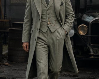 1920年代ヴィンテージグレースリーピーススーツ（ロングオーバーコート付き） – ピーキー・ブラインダーズ風スタイル